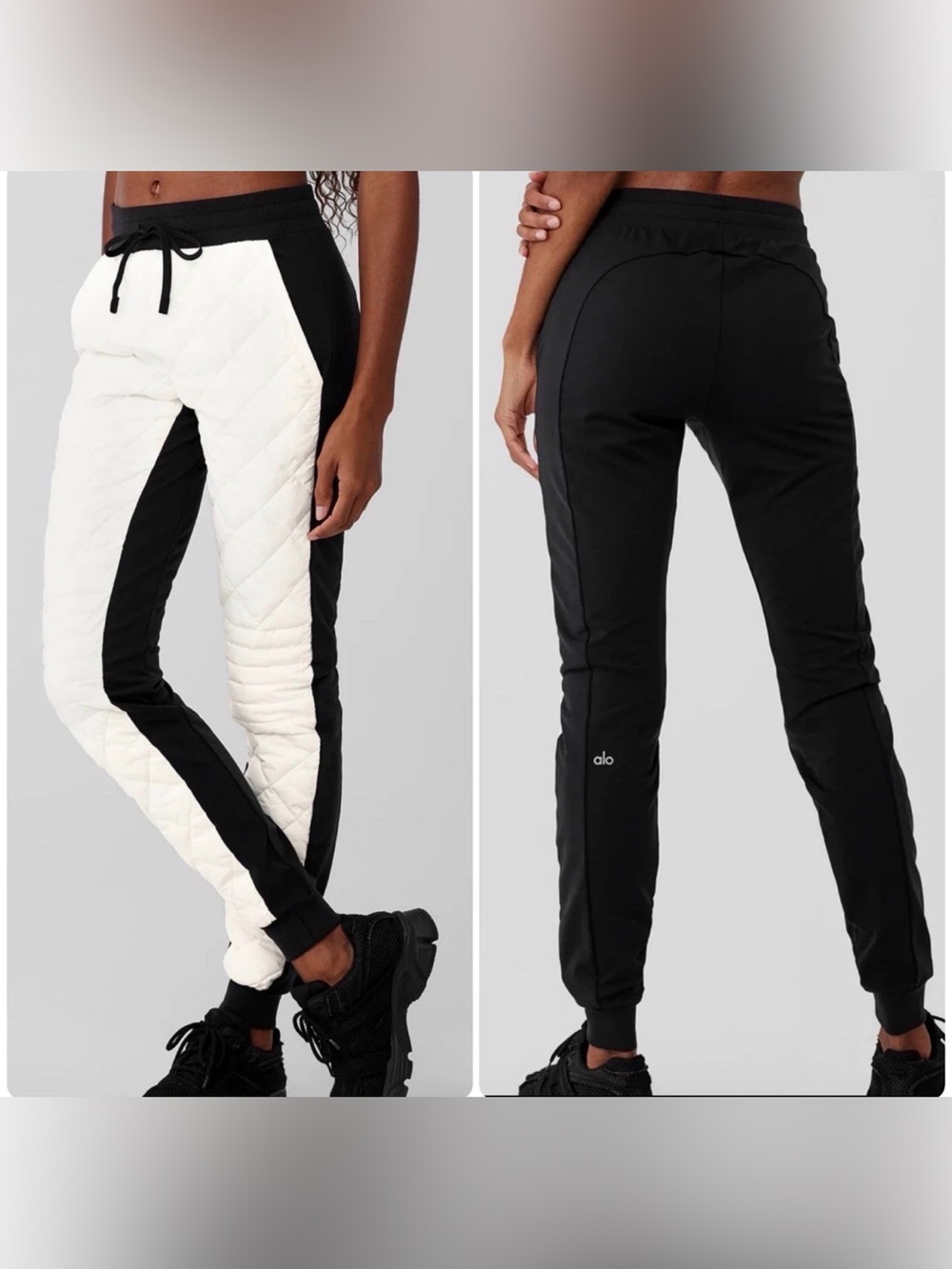 ALO YOGA Size A Moto Quilted Puffer Pants Black White Insulated Warm Joggers